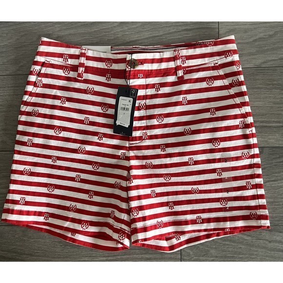 Tommy Hilfiger Women TH Flex 5" Classic Stretch Shorts Red‎ White Striped Logo 2